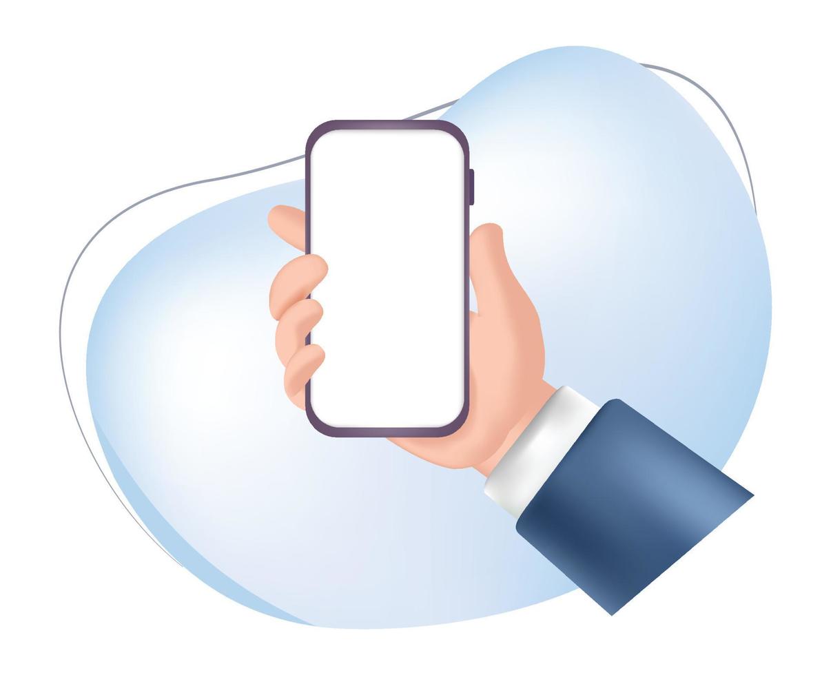 3d illustrazione uomo d'affari Tenere smartphone vuoto schermo telaio modello su bianca sfondo per smartphone modello e tecnologia concetto vettore