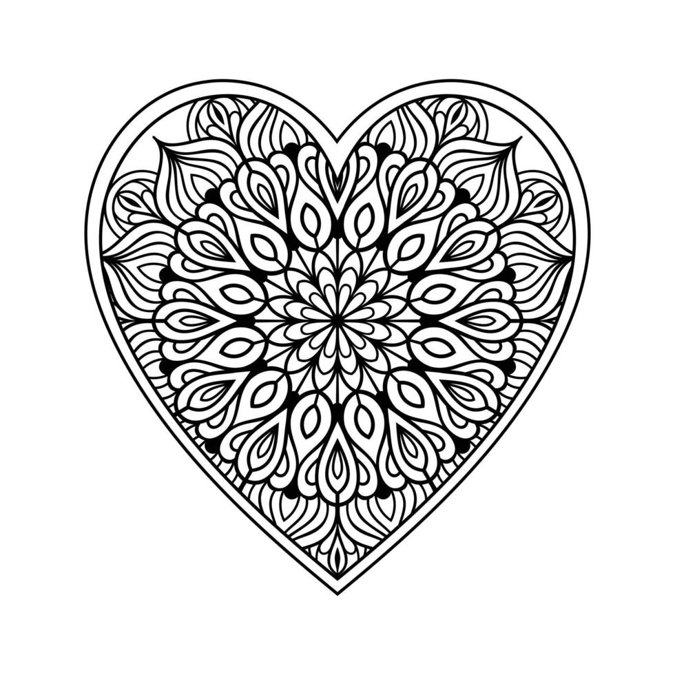 cuore mandala colorazione pagina per adulto, cuore con floreale mandala modello arte, cuore sagomato mandala floreale modello per colorazione pagina, mano disegnato cuore floreale mandala scarabocchio per colorazione libro vettore