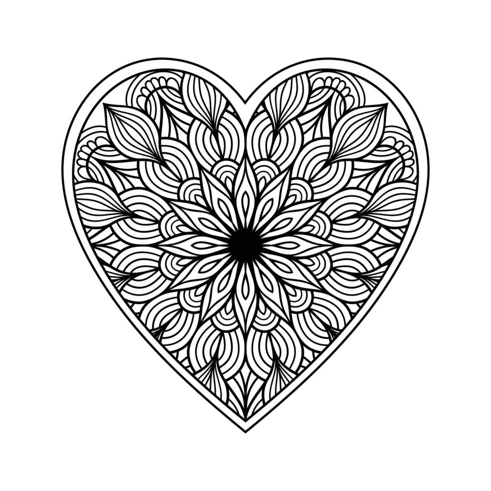 cuore mandala colorazione pagina per adulto, cuore con floreale mandala modello arte, cuore sagomato mandala floreale modello per colorazione pagina, mano disegnato cuore floreale mandala scarabocchio per colorazione libro vettore