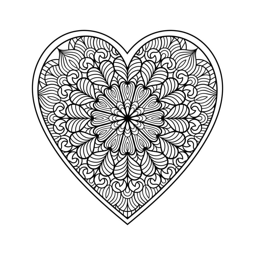 cuore mandala colorazione pagina per adulto, cuore con floreale mandala modello arte, cuore sagomato mandala floreale modello per colorazione pagina, mano disegnato cuore floreale mandala scarabocchio per colorazione libro vettore