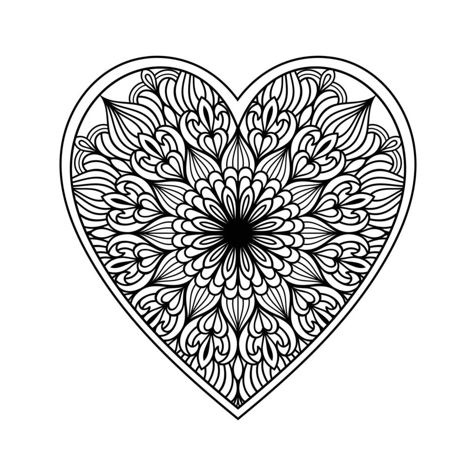 cuore mandala colorazione pagina per adulto, cuore con floreale mandala modello arte, cuore sagomato mandala floreale modello per colorazione pagina, mano disegnato cuore floreale mandala scarabocchio per colorazione libro vettore