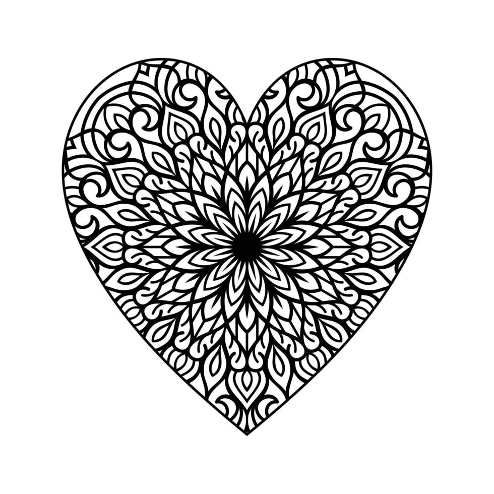 cuore con floreale mandala modello, cuore sagomato mandala floreale modello per colorazione prenotare, mano disegnato cuore floreale mandala scarabocchio, cuore mandala colorazione pagina per adulto vettore