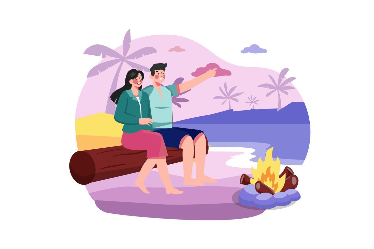 coppia godendo un' spiaggia viaggio illustrazione concetto su bianca sfondo vettore