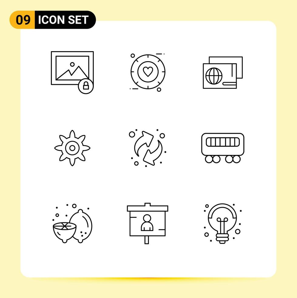 pittogramma impostato di 9 semplice lineamenti di ferrovia risorse passaggio raccolta differenziata Ingranaggio modificabile vettore design elementi