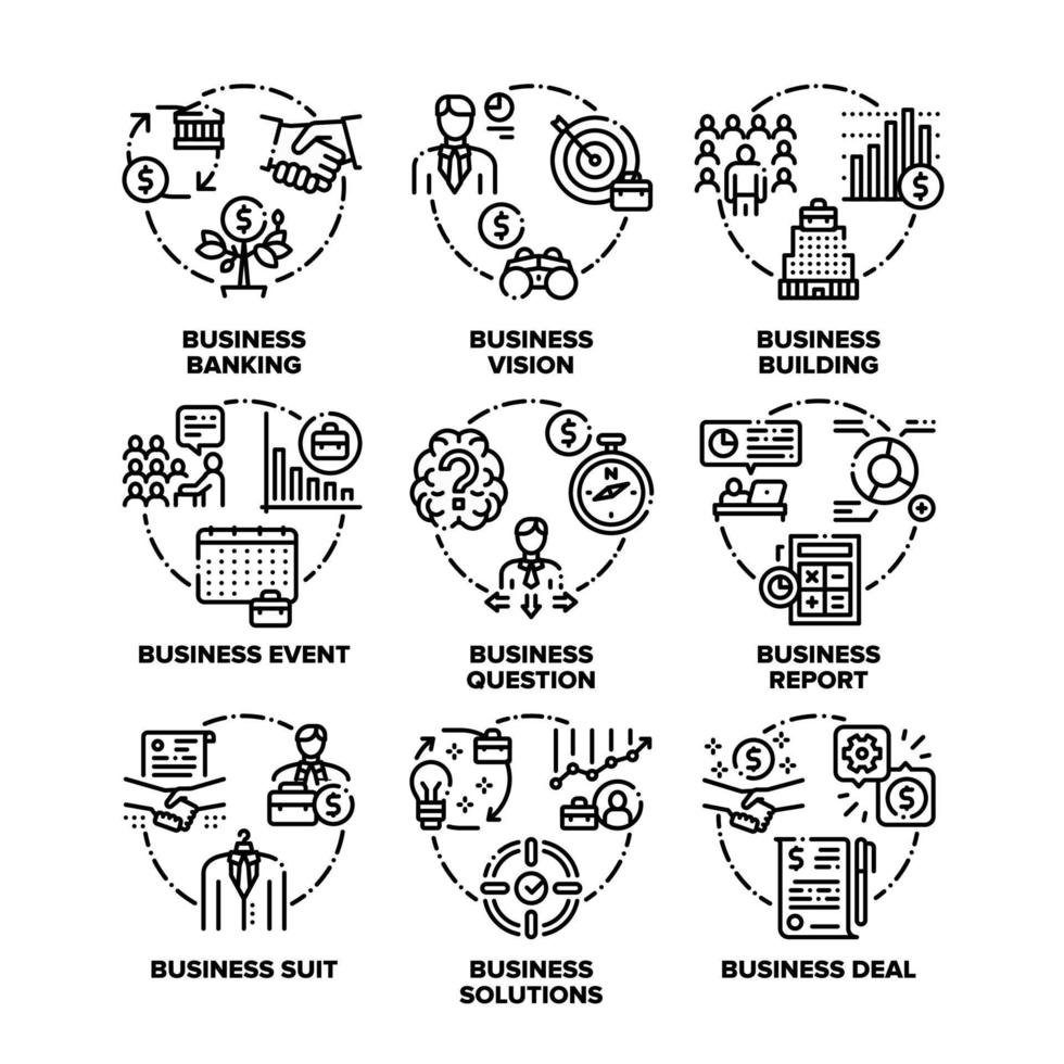 attività commerciale obbiettivo impostato icone vettore nero illustrazione