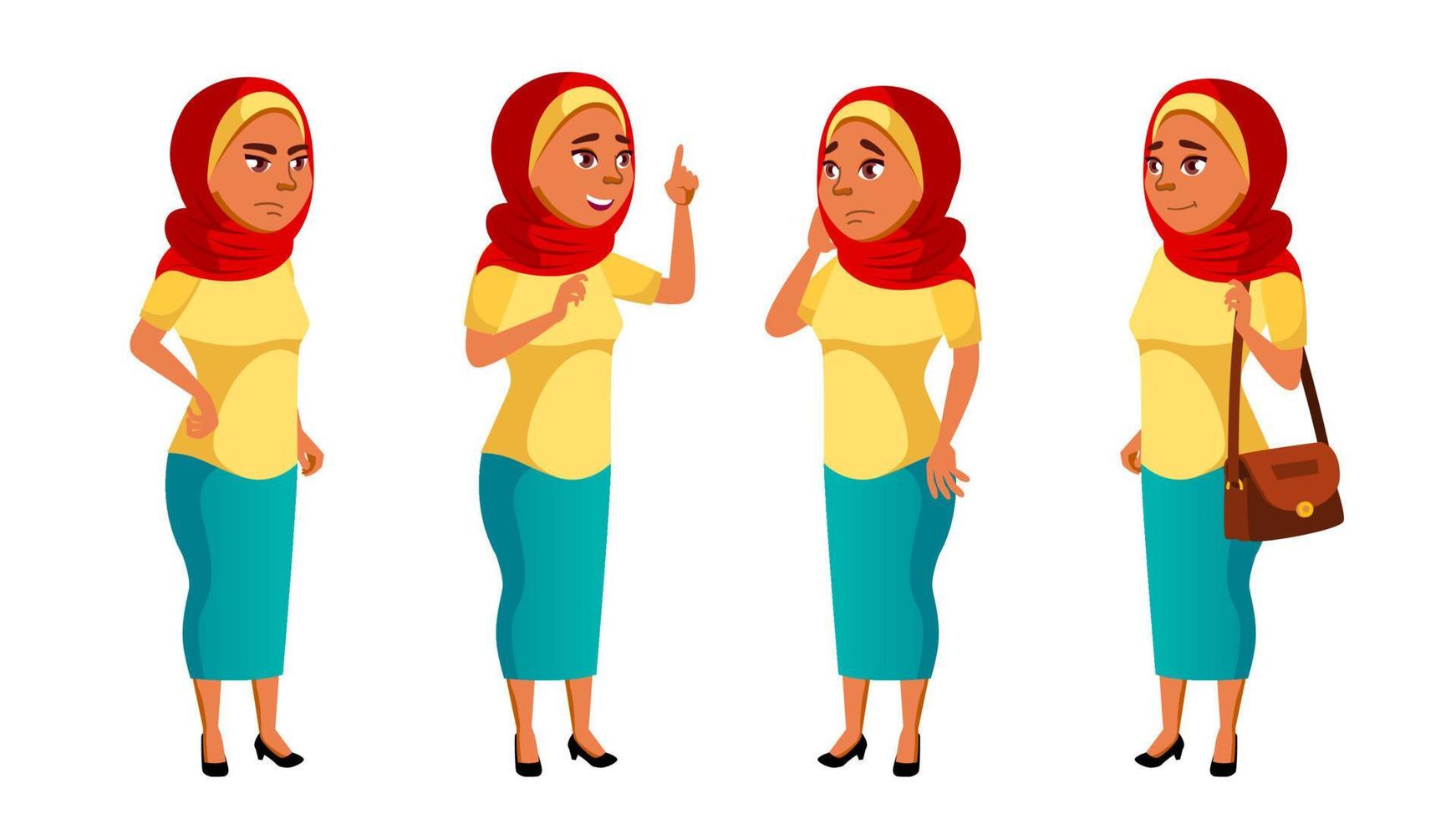arabo, musulmano adolescente ragazza pose impostato vettore. bellezza, stile di vita. per ragnatela, manifesto, opuscolo design. isolato cartone animato illustrazione vettore
