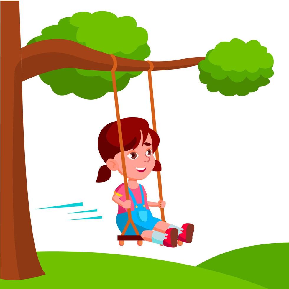 ragazza oscillante su un' swing legato per albero ramo vettore piatto cartone animato illustrazione