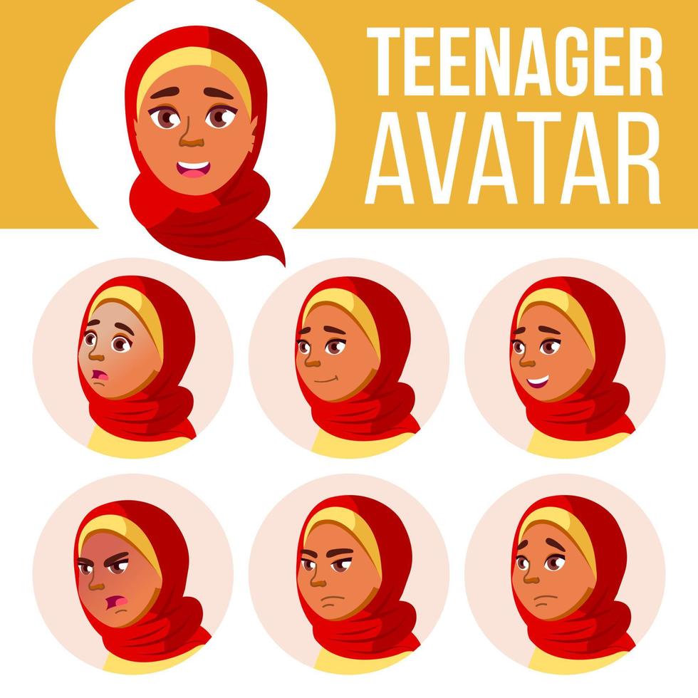 arabo, musulmano adolescente ragazza avatar impostato vettore. hijab. viso emozioni. emotivo. tempo libero, Sorridi. cartone animato testa illustrazione vettore