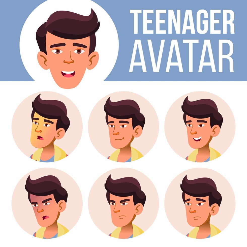 asiatico adolescente ragazzo avatar impostato vettore. viso emozioni. emotivo. casuale, amico. cartone animato testa illustrazione vettore