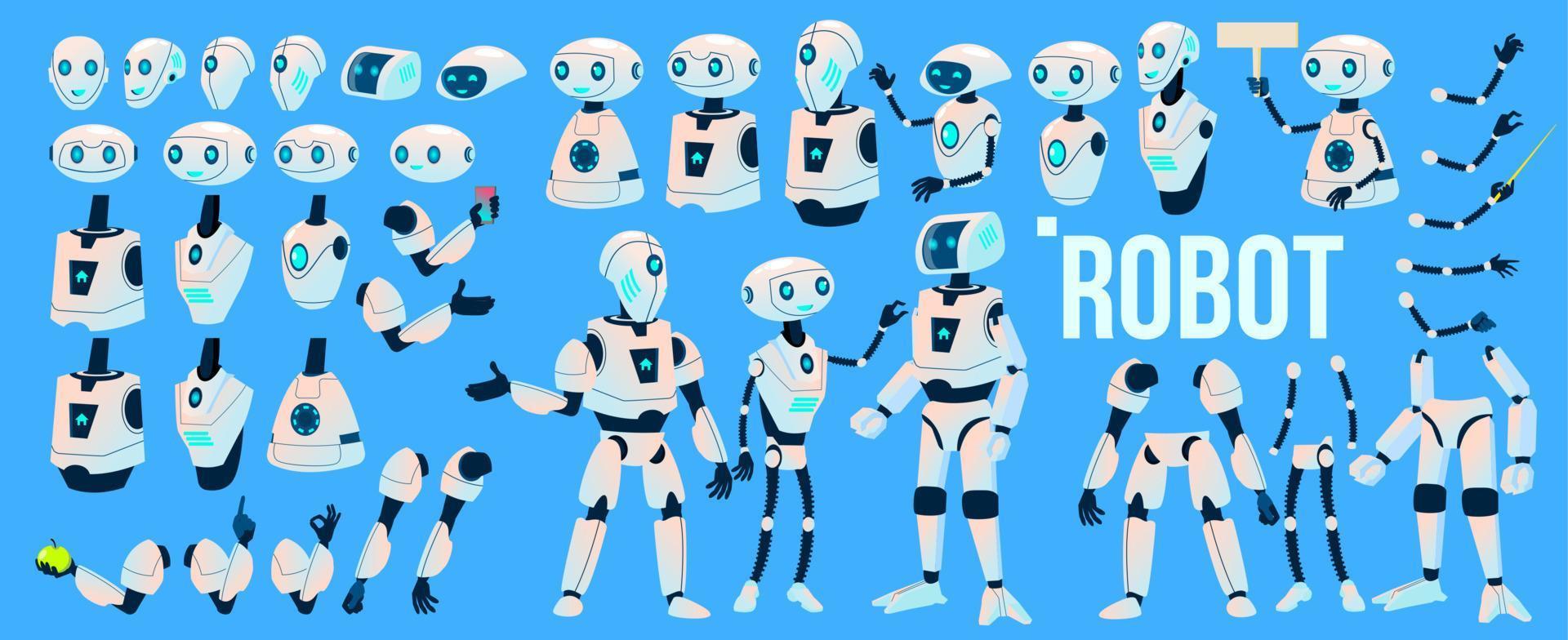robot vettore. animazione impostare. meccanismo robot aiutante. cyborg, ai futuristico umanoide carattere. animato artificiale intelligenza. ragnatela design. robotica tecnologia isolato illustrazione vettore