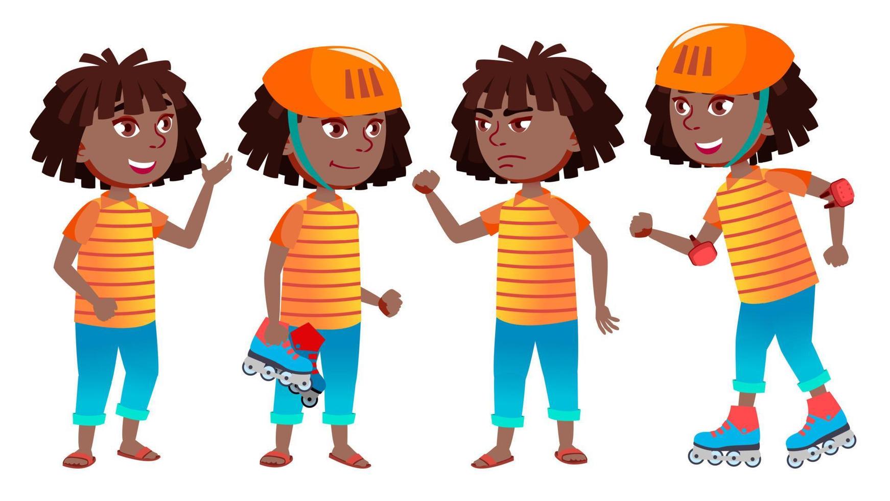 ragazza scolara ragazzo pose impostato vettore. nero. afro americano. alto scuola bambino. giovane le persone, viso, allegro. per cartolina, coperchio, cartellone design. isolato cartone animato illustrazione vettore