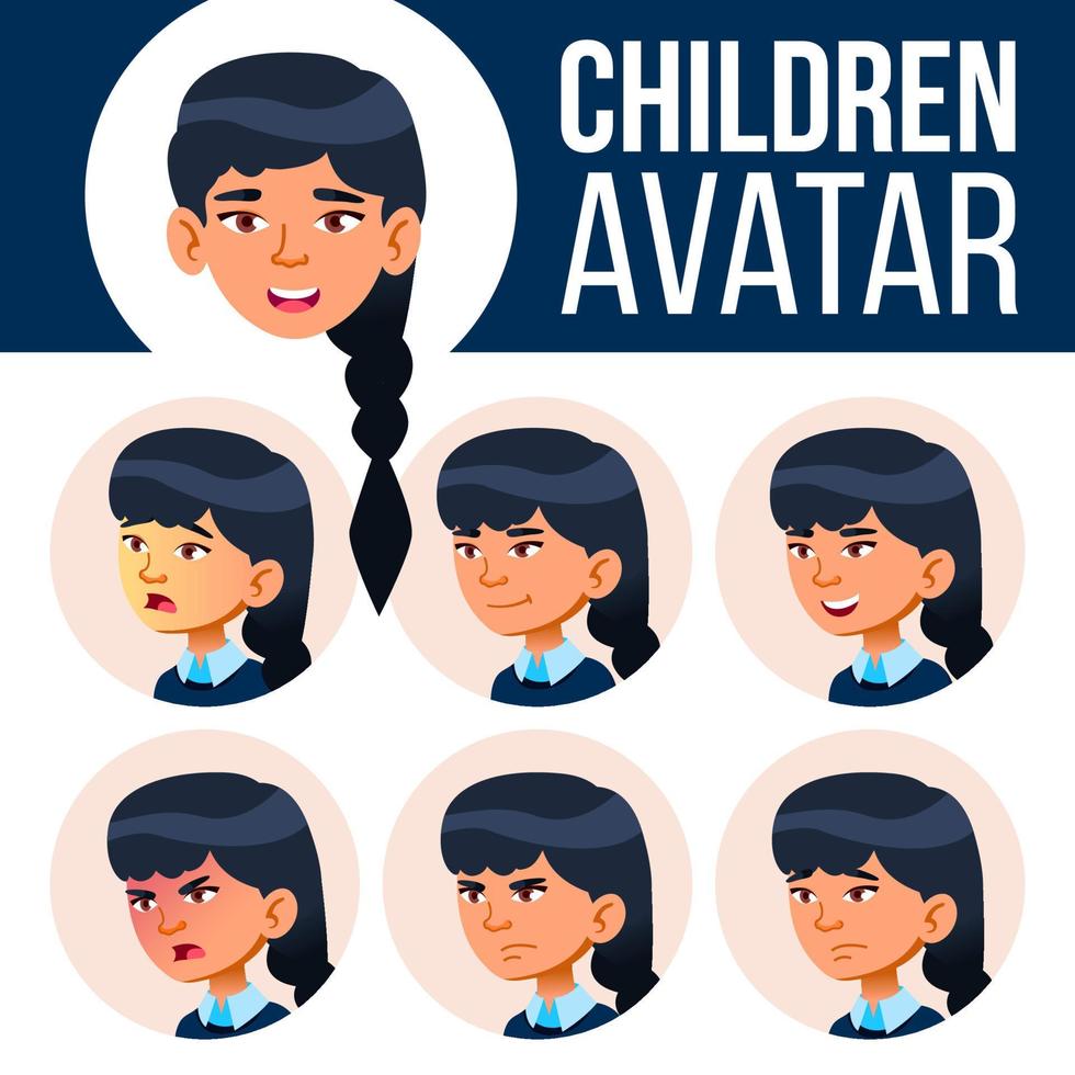 asiatico ragazza avatar impostato ragazzo vettore. primario scuola. viso emozioni. utente, carattere. bambini, positivo. comico, ragnatela. cartone animato testa illustrazione vettore