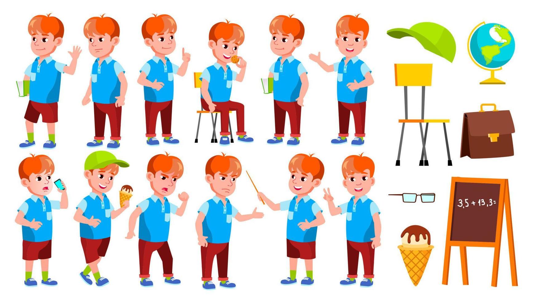 ragazzo scolaro ragazzo pose impostato vettore. primario scuola bambino. bellissimo ragazzo. alfabeto. gioventù, caucasico. per carta, annuncio, saluto design. isolato cartone animato illustrazione vettore