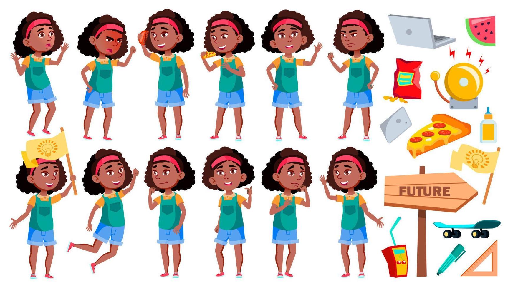 ragazza scolara pose impostato vettore. nero. afro americano allievo. per striscione, presentazione design. isolato cartone animato illustrazione vettore