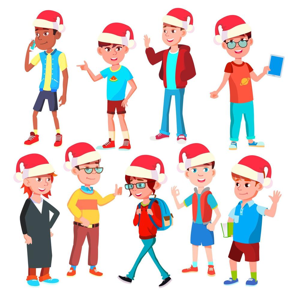 Natale bambini impostato vettore. Santa cappello. ragazzi e ragazze. contento nuovo anno. isolato cartone animato illustrazione vettore