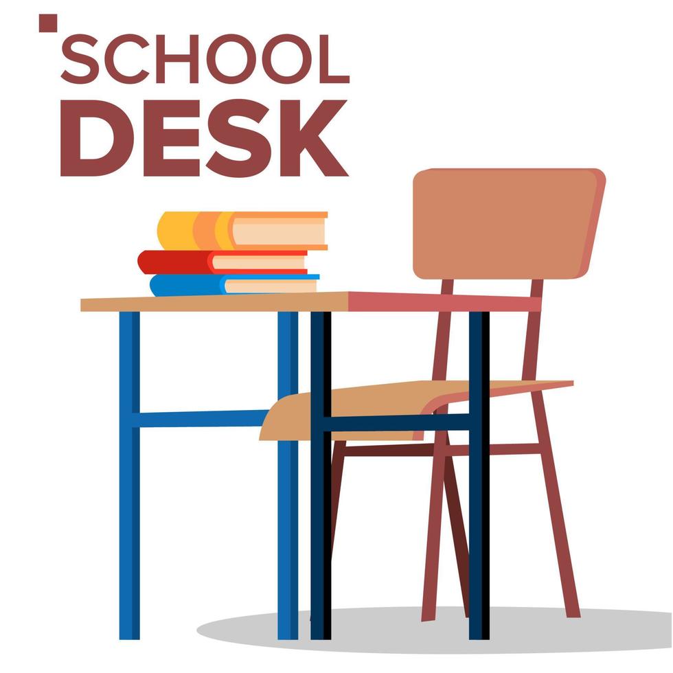 scuola scrivania, sedia vettore. classico vuoto di legno scuola arredamento. isolato piatto cartone animato illustrazione vettore