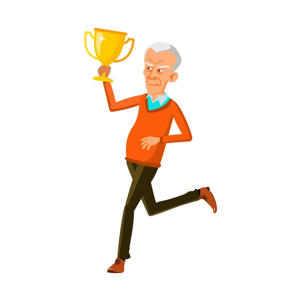 vecchio uomo in esecuzione con trofeo tazza ricompensa vettore