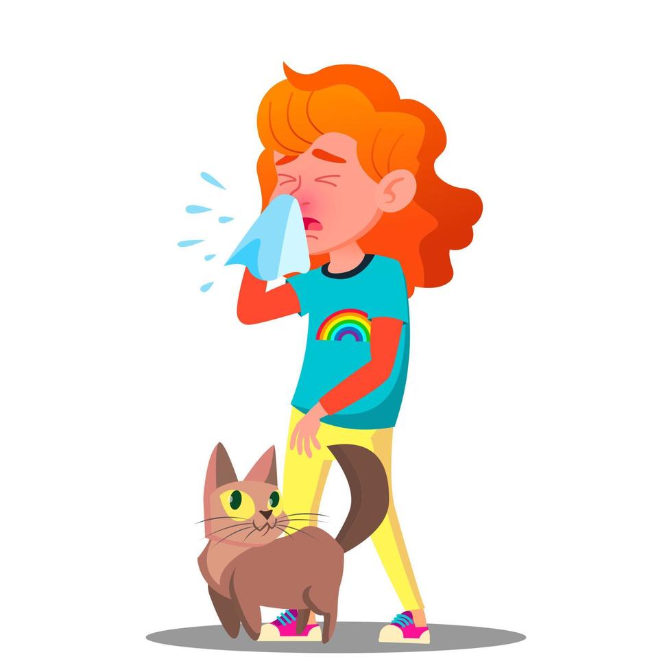 allergico, starnuti ragazza con un' gatto vettore. isolato cartone animato illustrazione vettore