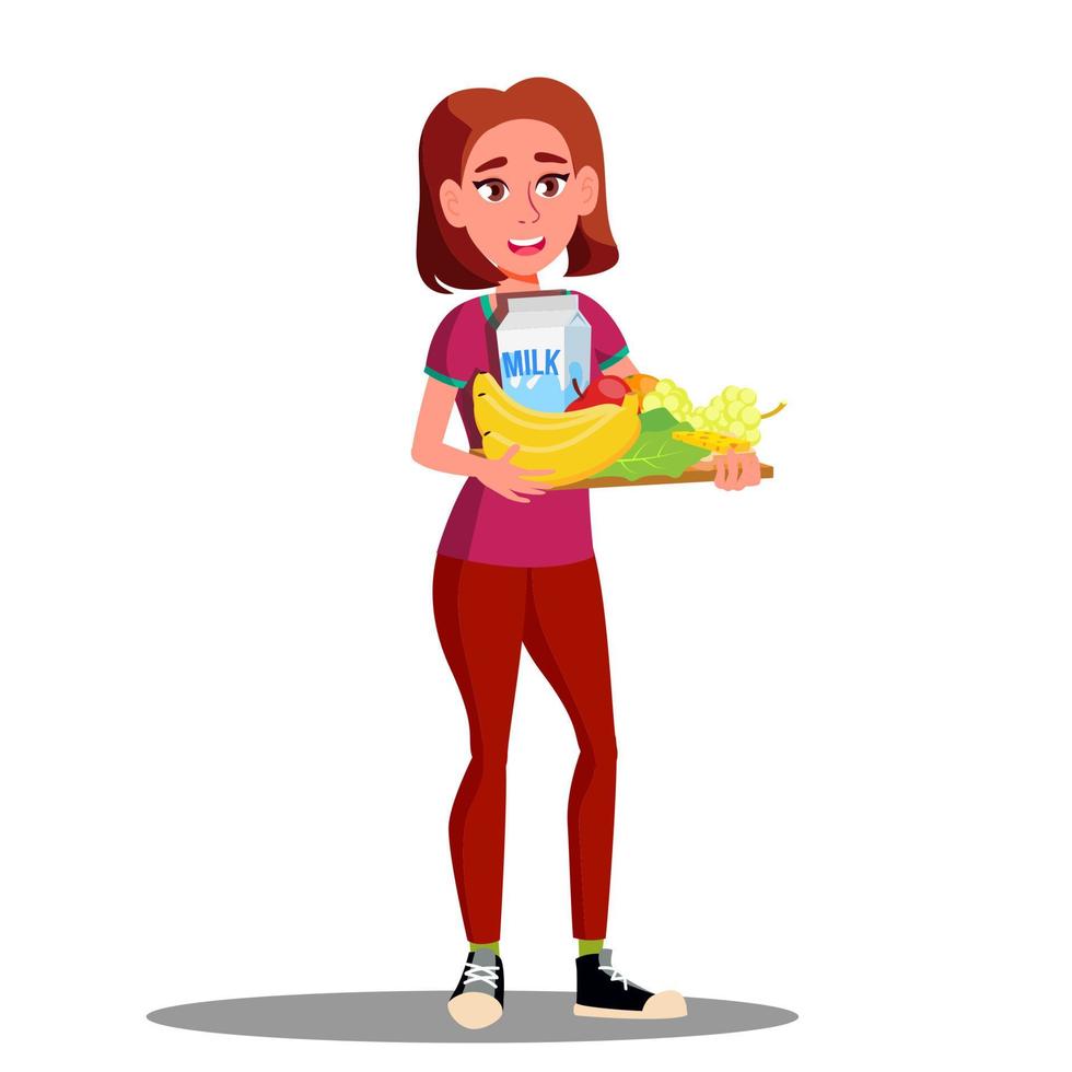 contento vegetariano ragazza con piatto di frutta, verdure e latte vettore. isolato cartone animato illustrazione vettore