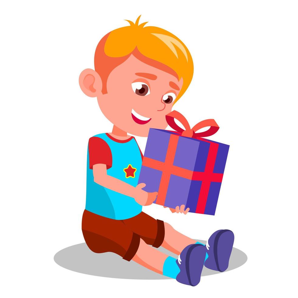 poco ragazzo apertura regalo Natale scatola vettore. isolato illustrazione vettore