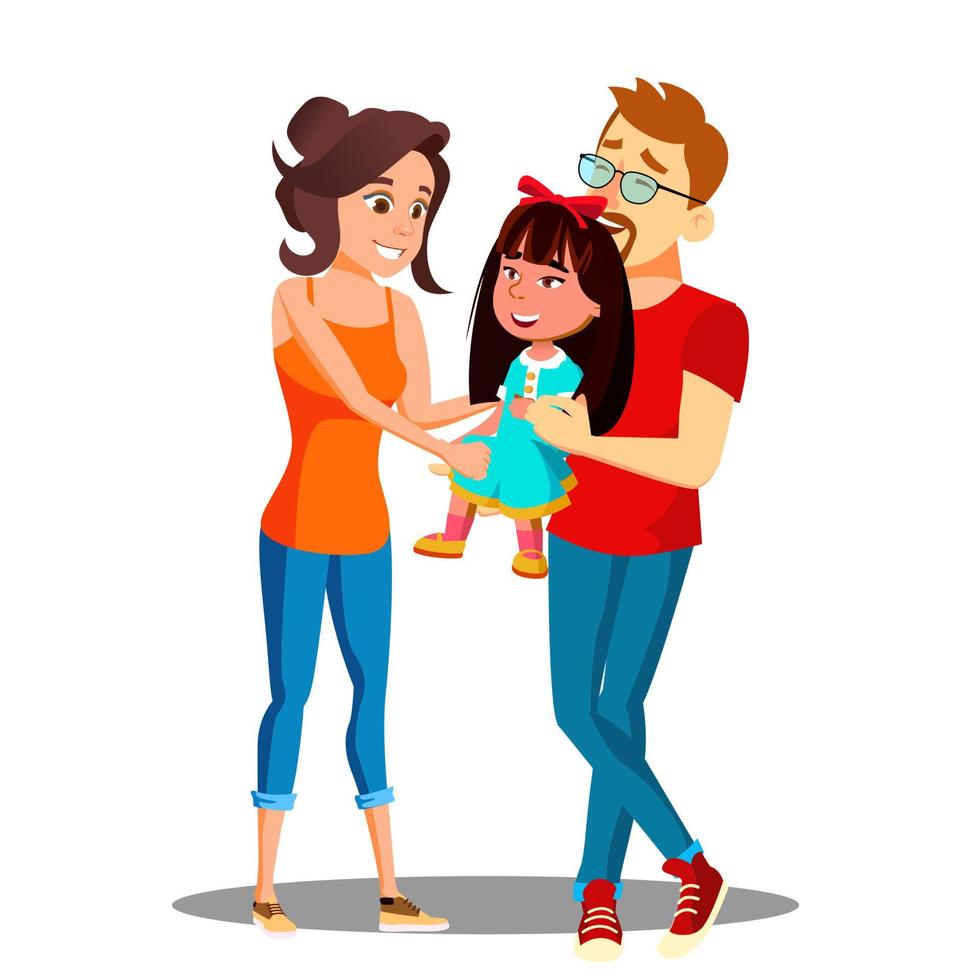 Due bianca genitori Tenere il mani di asiatico adottato bambino vettore. isolato illustrazione vettore