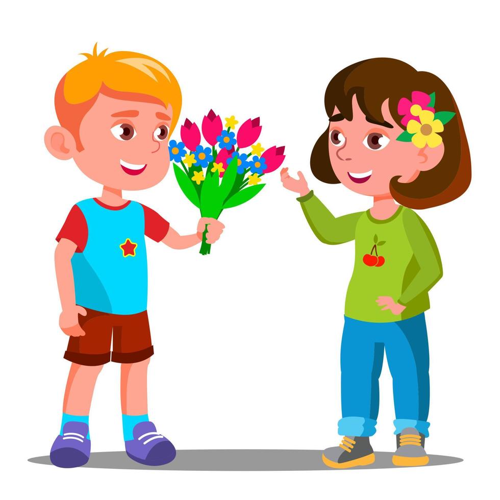 poco ragazzo dà il fiori per il poco ragazza vettore. isolato illustrazione vettore