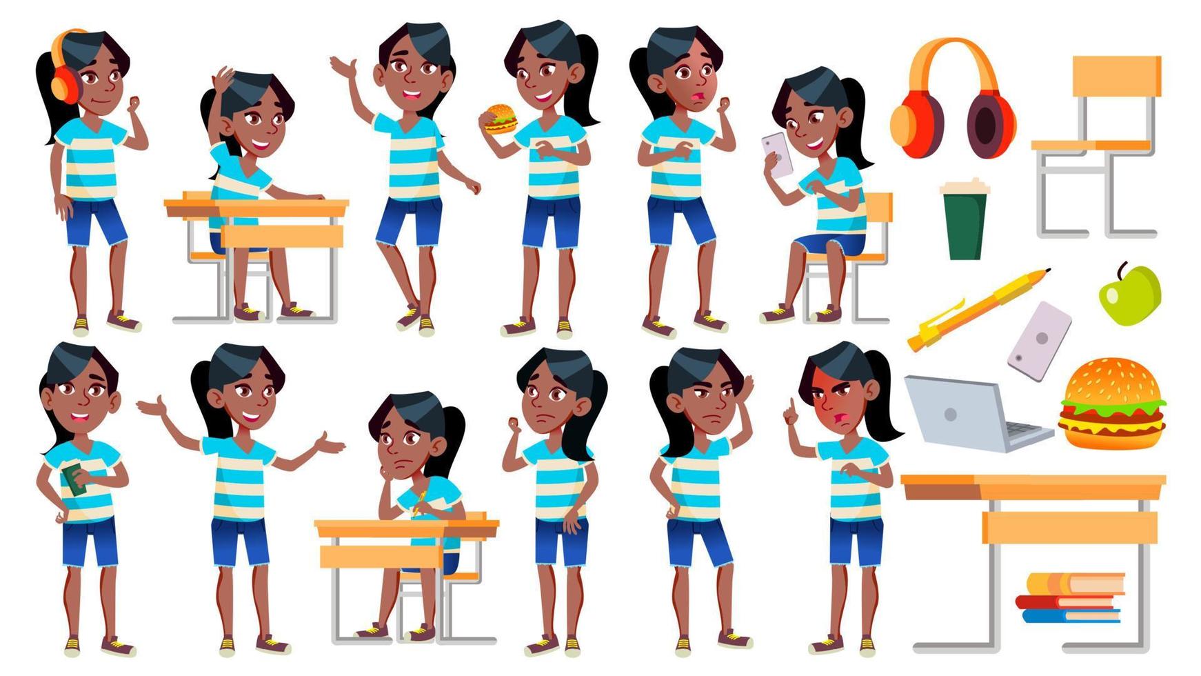 ragazza scolara ragazzo pose impostato vettore. nero. afro americano. alto scuola bambino. bambini studia. conoscenza, imparare, lezione. per presentazione, Stampa, invito design. isolato cartone animato illustrazione vettore