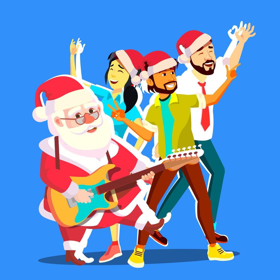 Santa Claus danza con gruppo di persone e chitarra nel mani. aziendale nuovo anno. Natale festa vettore illustrazione