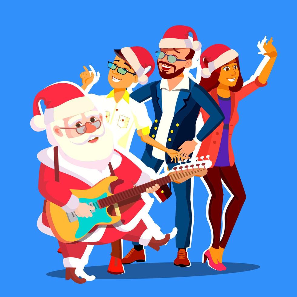 Santa Claus danza con gruppo di persone e chitarra nel mani. ufficio Natale festa bandiera vettore illustrazione