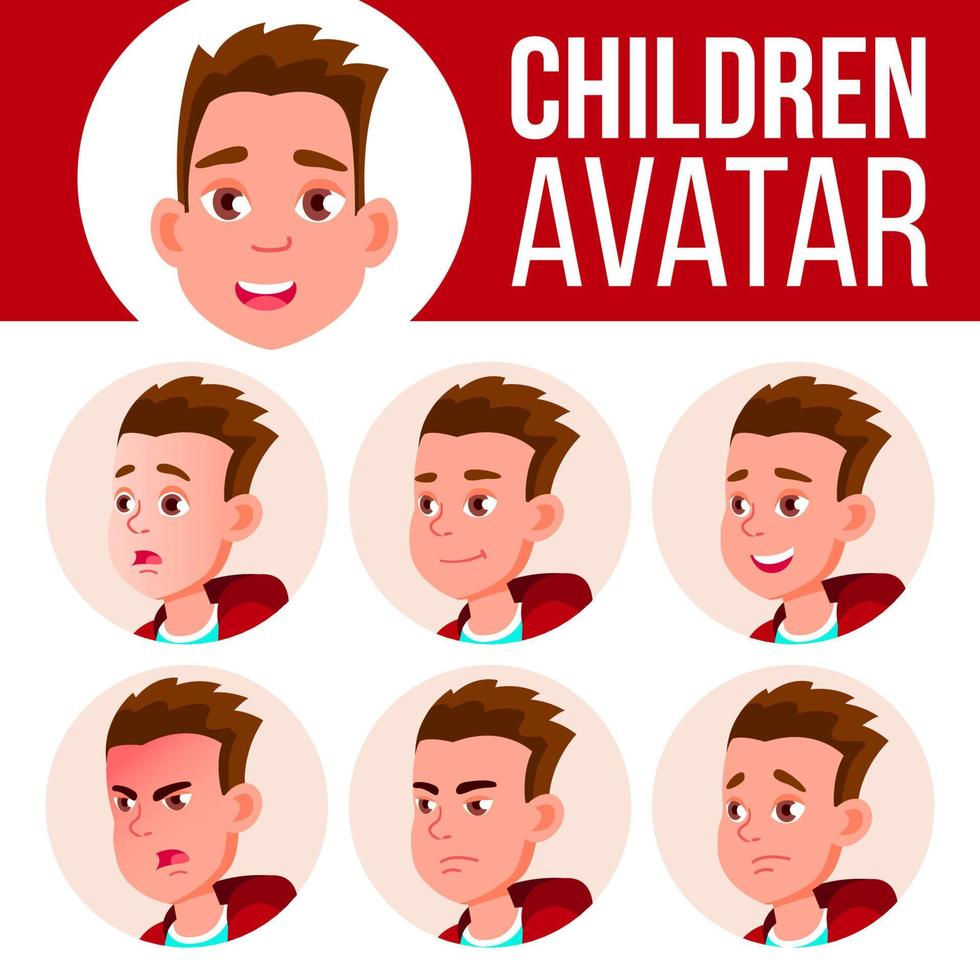 ragazzo avatar impostato ragazzo vettore. alto scuola. viso emozioni. utente, carattere. divertimento, allegro. cartone animato testa illustrazione vettore