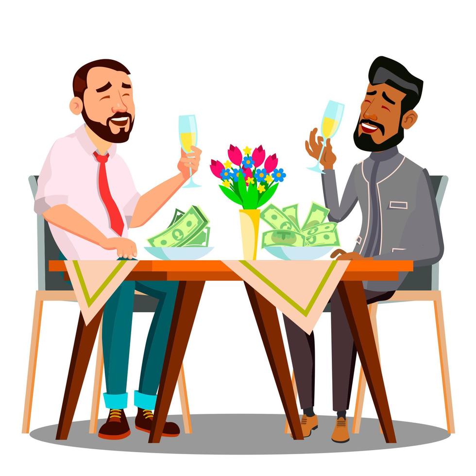 attività commerciale il pranzo, Due persone a il tavolo con piatti pieno di i soldi vettore. isolato illustrazione vettore