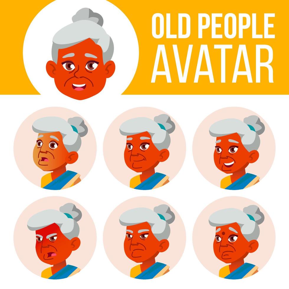 indiano vecchio donna avatar impostato vettore. viso emozioni. anziano persona ritratto. anziano le persone. invecchiato. bellezza, stile di vita. cartone animato testa illustrazione vettore