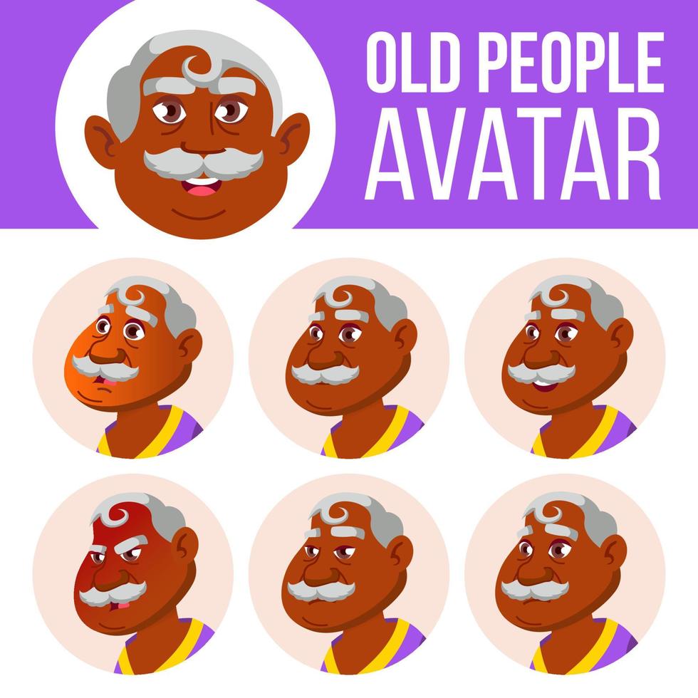 indiano vecchio uomo avatar impostato vettore. viso emozioni. indù. asiatico. anziano persona ritratto. anziano le persone. invecchiato. emozioni, emotivo. cartone animato testa illustrazione vettore