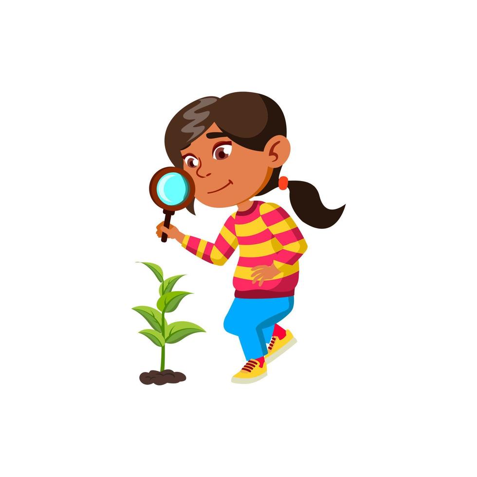 ragazza bambino ricercando pianta con lente d'ingrandimento vettore