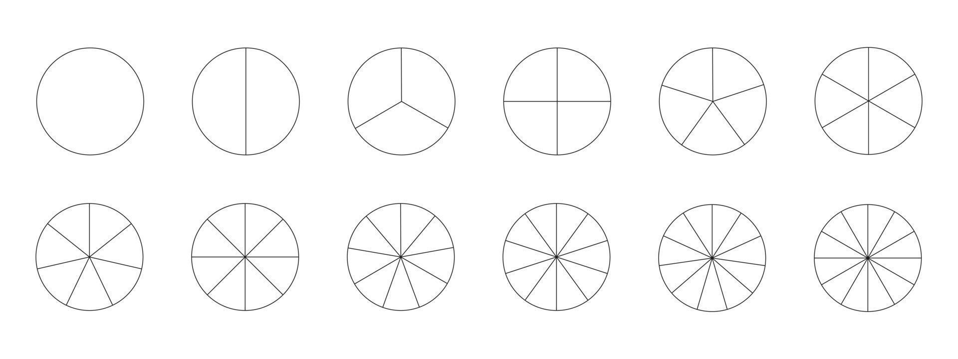 segmentato grafici collezione isolato su un' bianca sfondo. molti numero di settori dividere il cerchio su pari parti. schema nero magro grafica. impostato di torta grafici. vettore