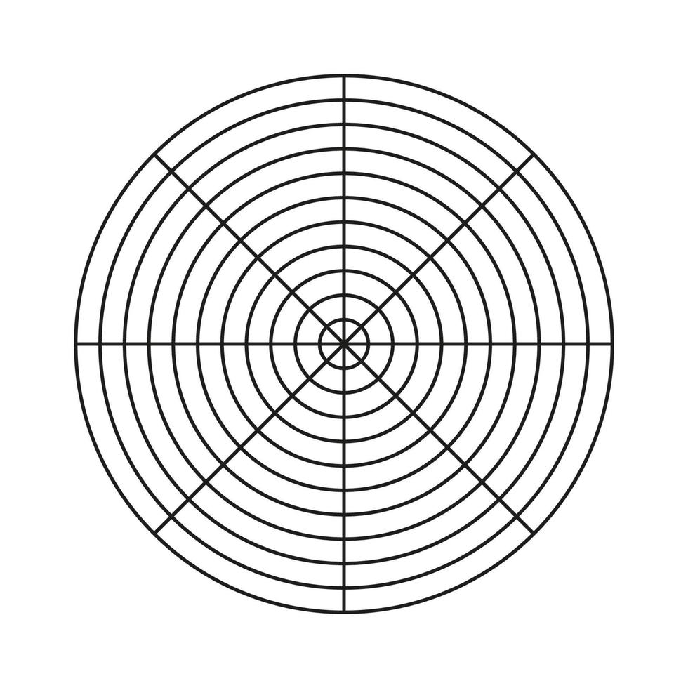 polare griglia di 8 segmenti e 10 concentrico cerchi. vuoto polare grafico carta. cerchio diagramma di stile di vita equilibrio. ruota di vita modello. istruire attrezzo. vettore