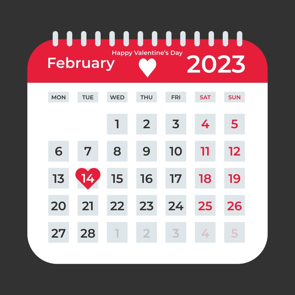 rosso cuore forma san valentino giorno calendario design su febbraio 14, 2023 vettore