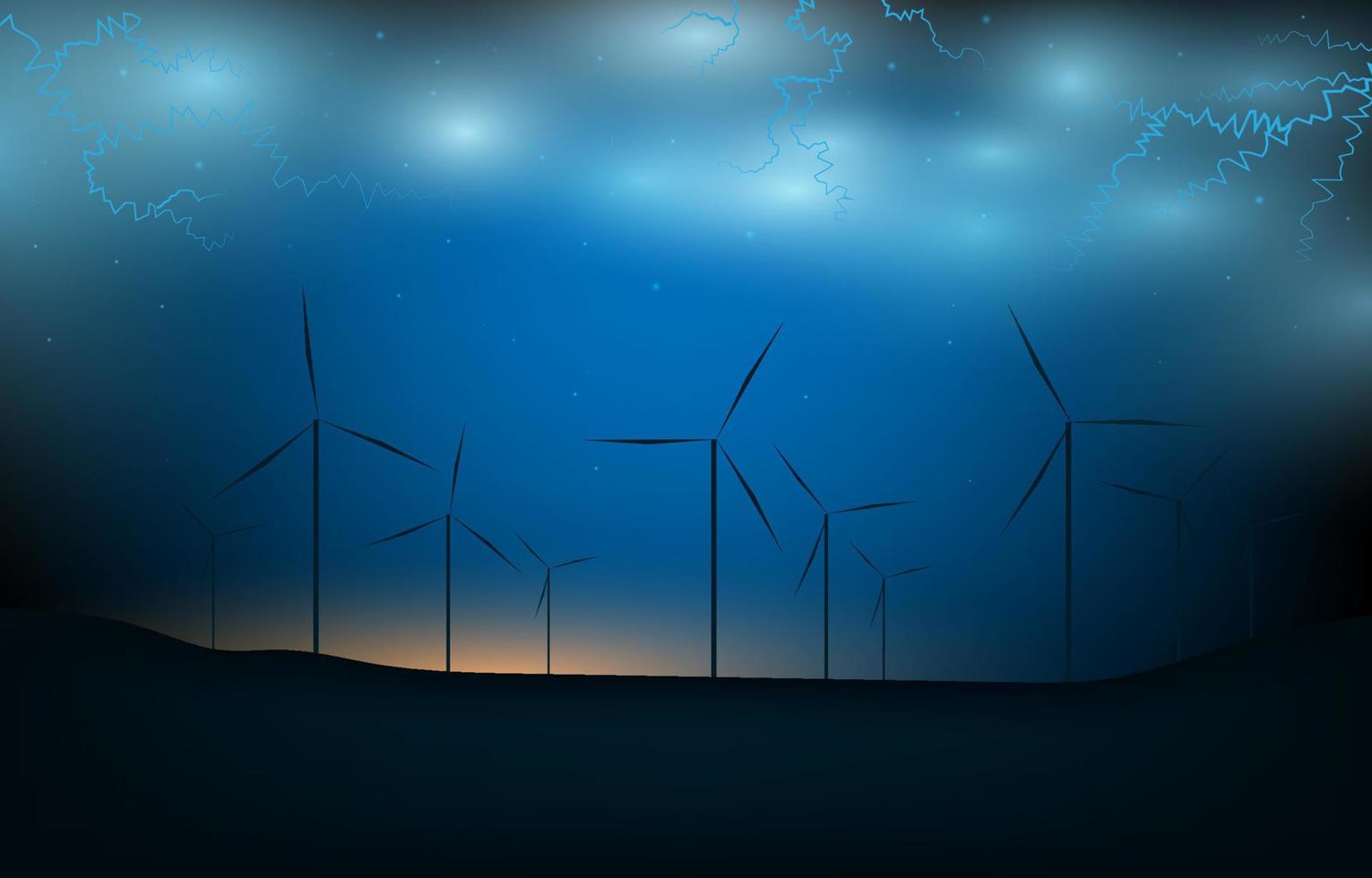 rinnovabile e eco amichevole energia concetto. tecnologia mulino a vento energia. astratto mulino a vento con Alba, fulmine e montagna su pendenza blu sfondo. vento energia turbina paesaggio vettore. vettore