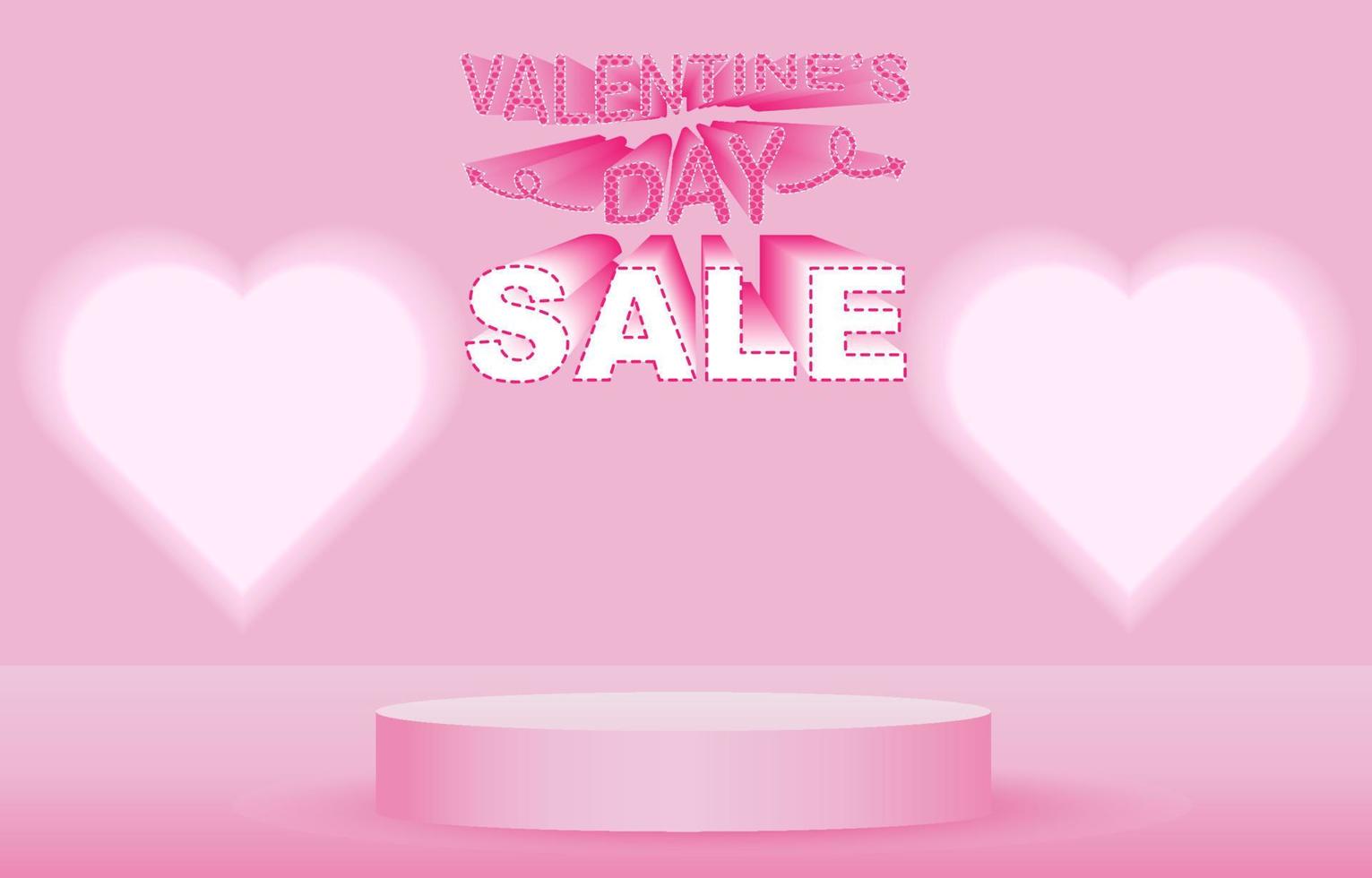 San Valentino giorno vendita manifesto o bandiera con carino font, neon cuori e podio Prodotto Schermo su rosa sfondo. design per promozione e shopping modello. sfondo per amore San Valentino giorno concetto vettore