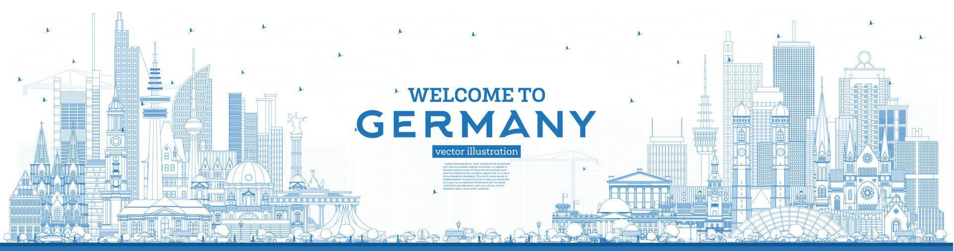 schema benvenuto per Germania orizzonte con blu edifici. vettore