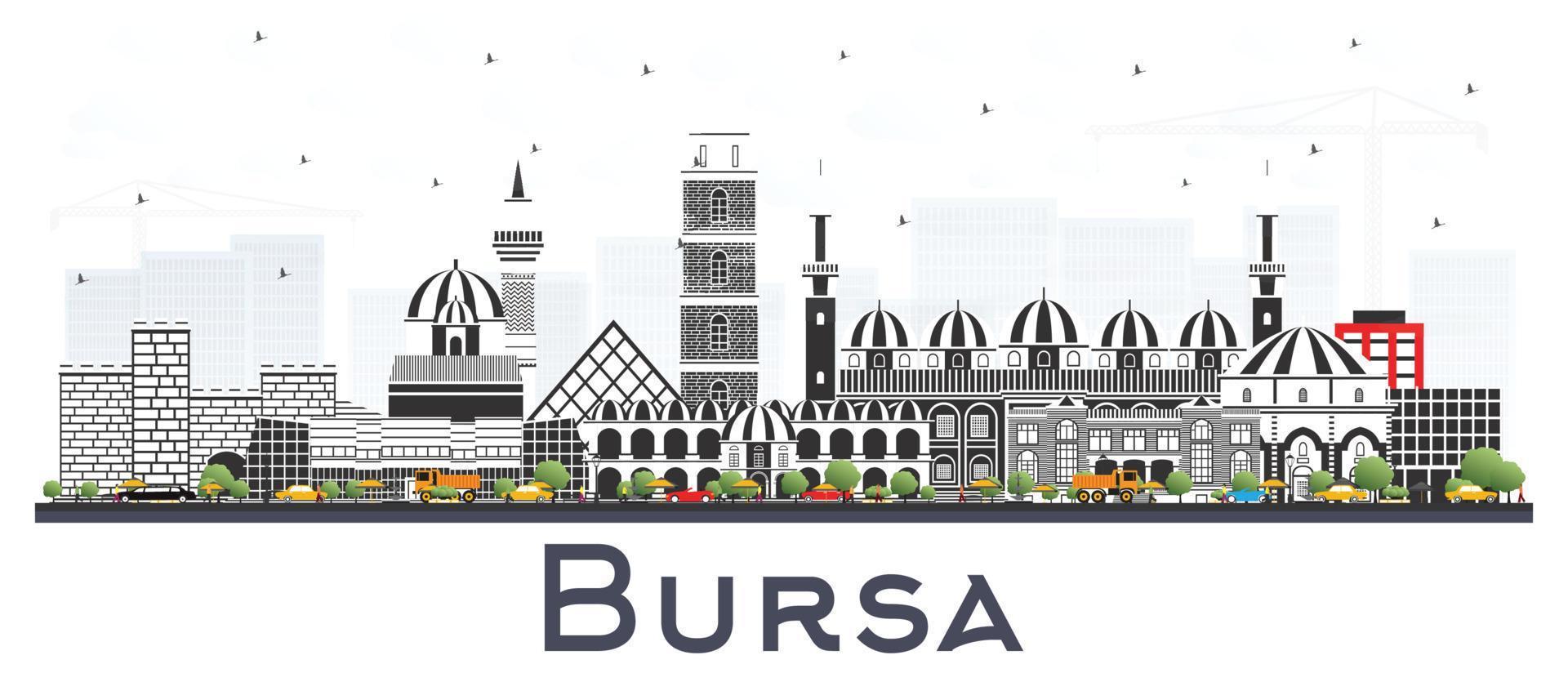 Bursa tacchino città orizzonte con colore edifici isolato su bianca. vettore