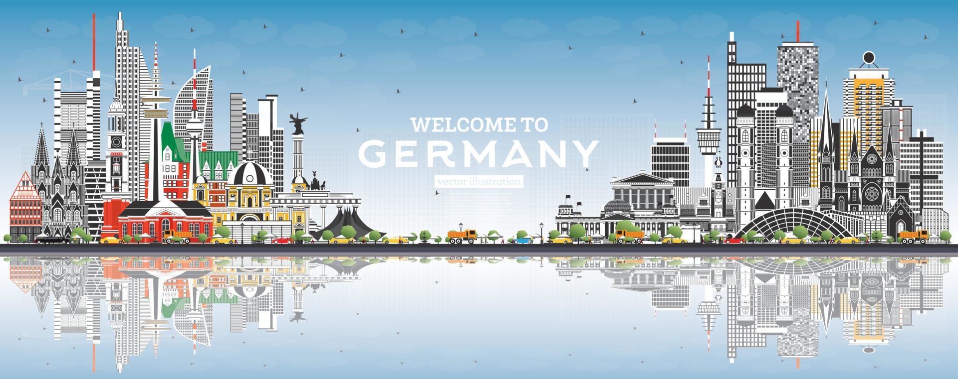 benvenuto per Germania orizzonte con grigio edifici, blu cielo e riflessi. vettore