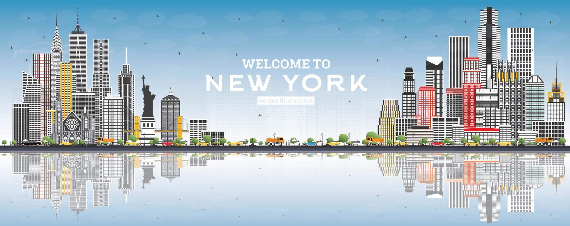 benvenuto per nuovo York Stati Uniti d'America orizzonte con grigio edifici, blu cielo e riflessi. vettore