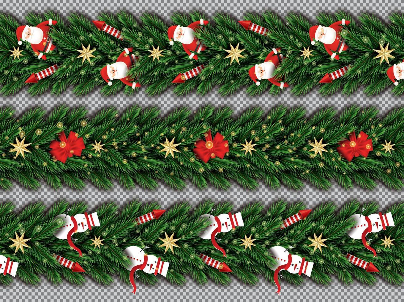 confine impostato con Santa claus, Natale albero rami, d'oro stelle, rosso razzi, pupazzo di neve e rosso arco su trasparente sfondo. vettore