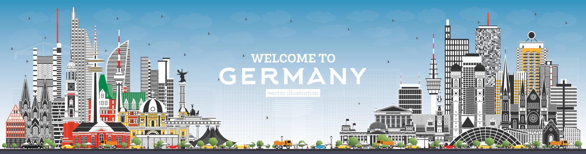 benvenuto per Germania orizzonte con grigio edifici e blu cielo. vettore