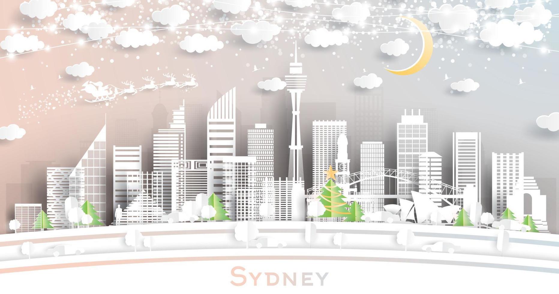 sydney Australia città orizzonte nel carta tagliare stile con fiocchi di neve, Luna e neon ghirlanda. vettore