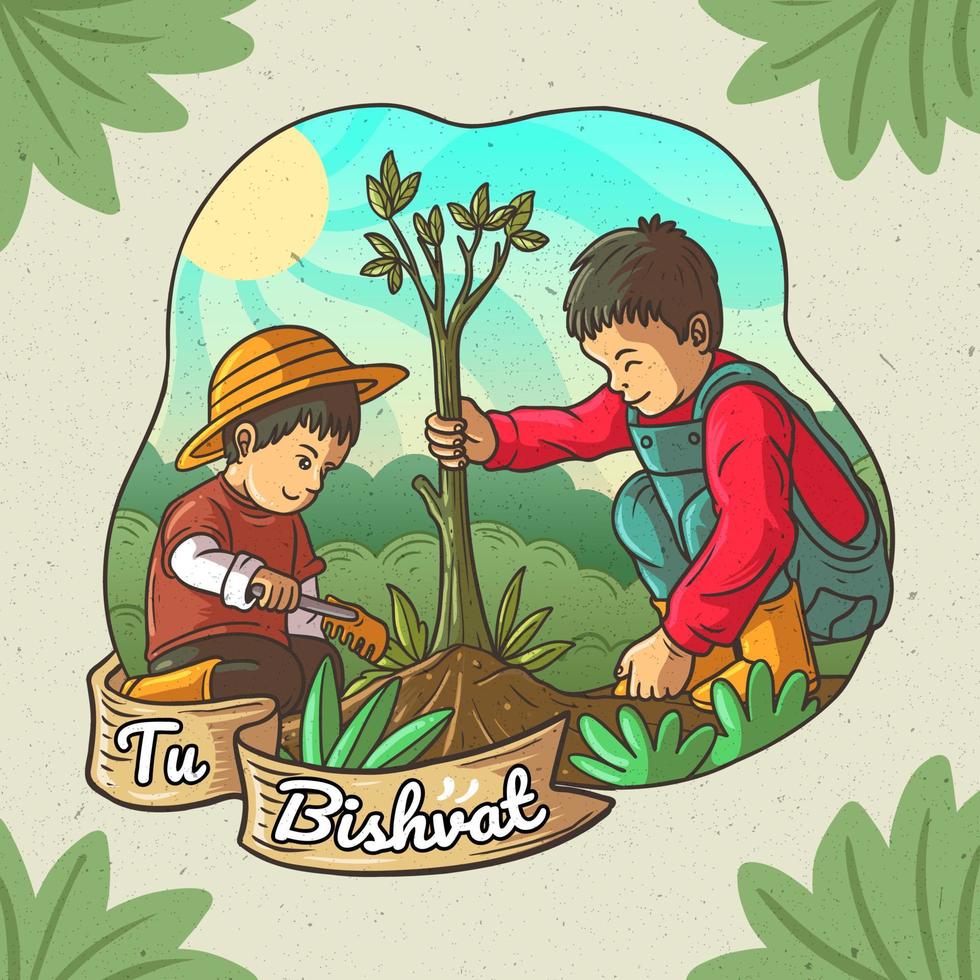 festeggiare tu bishvat con bambini piantare un' albero vettore