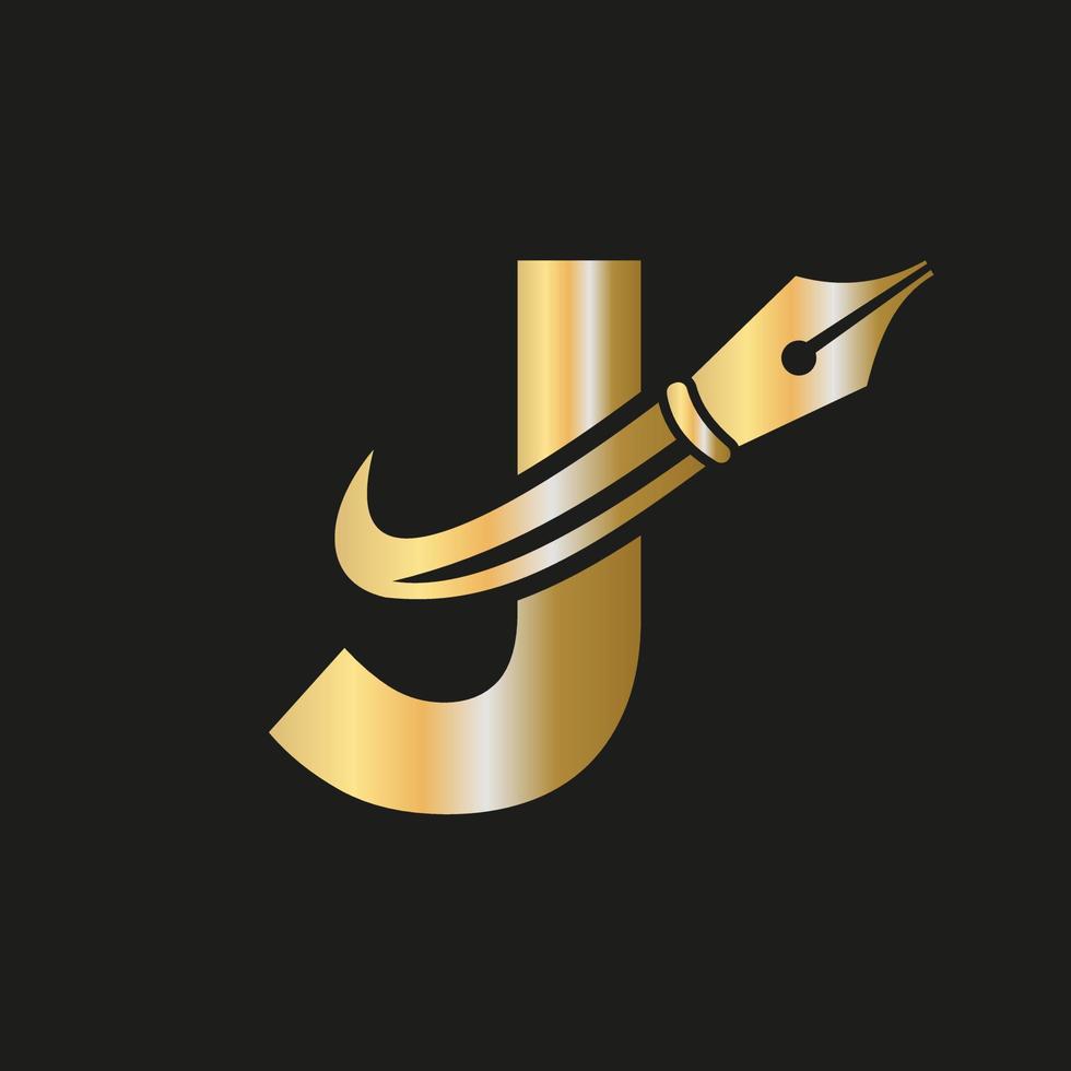 formazione scolastica logo su lettera j concetto con penna pennino vettore modello