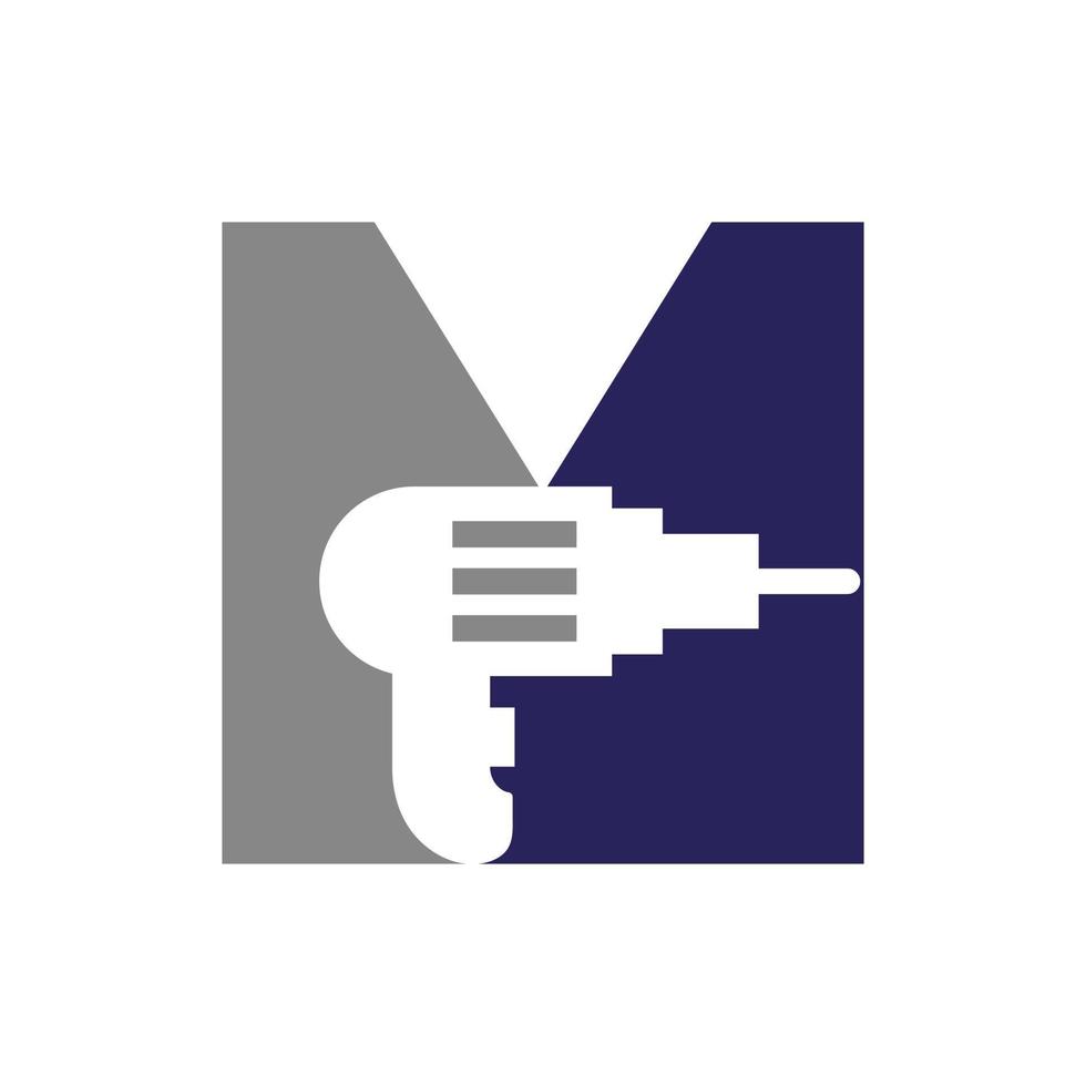 lettera m produzione costruzione logo design concetto con trapano macchina simbolo vettore modello