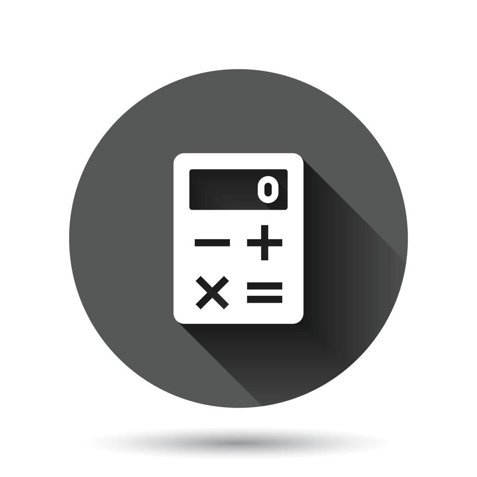 calcolatrice icona nel piatto stile. calcolare vettore illustrazione su nero il giro sfondo con lungo ombra effetto. calcolo cerchio pulsante attività commerciale concetto.